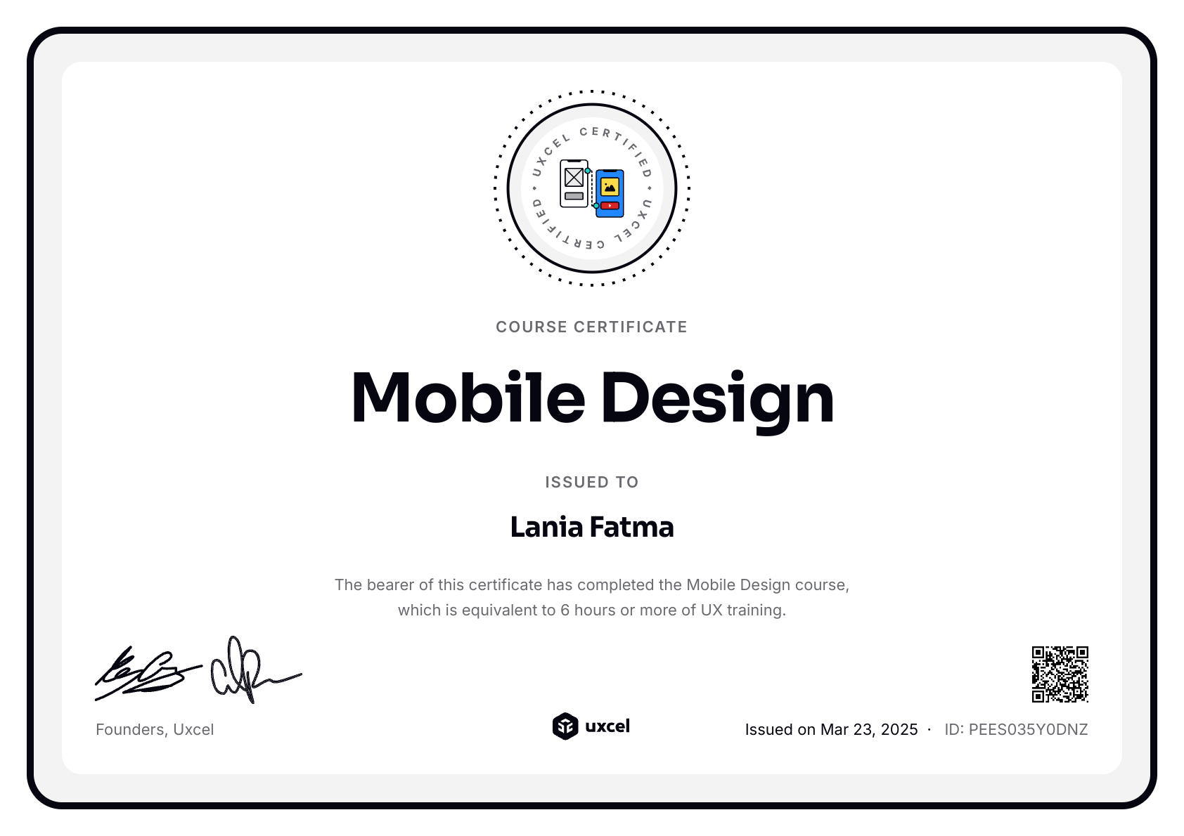 Lania Fatma's certificate